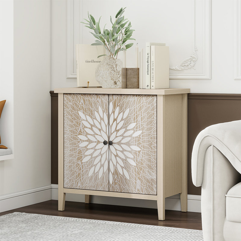 Armoire de rangement sculptée à 2 portes avec tablette réglable, Naturel