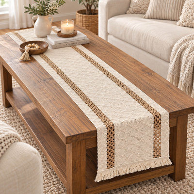 90" Boho Cotton Linen Table Runner with Tassel Fringe
