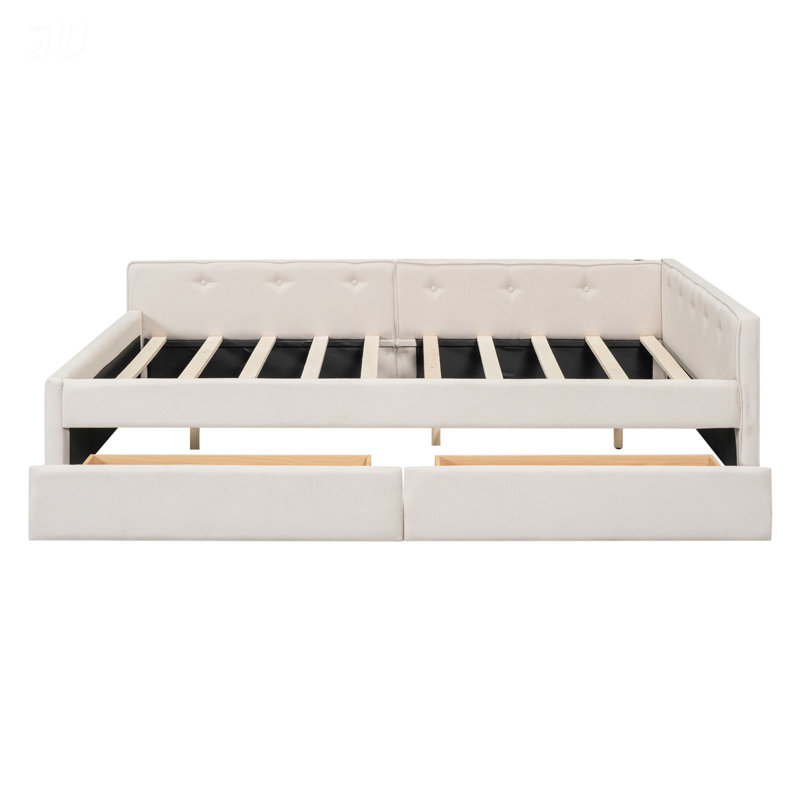 Grand lit plateforme tapissier avec port USB et 2 tiroirs