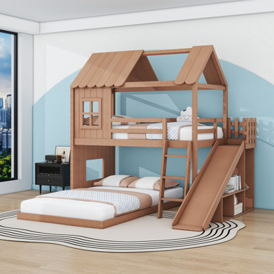 Twin over Full House-Shaped Bunk Bed with Slide, Shelves, Wardrobe and Ladder