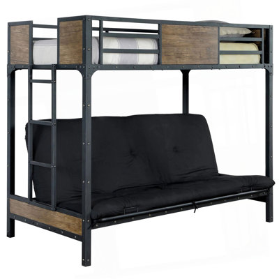 Industrial Style Unique Bunk Bed Twin Over Futon Metal Structure Attached Ladder With Wood Panels Nailhead Trim Black Finish Mattress-Not Included