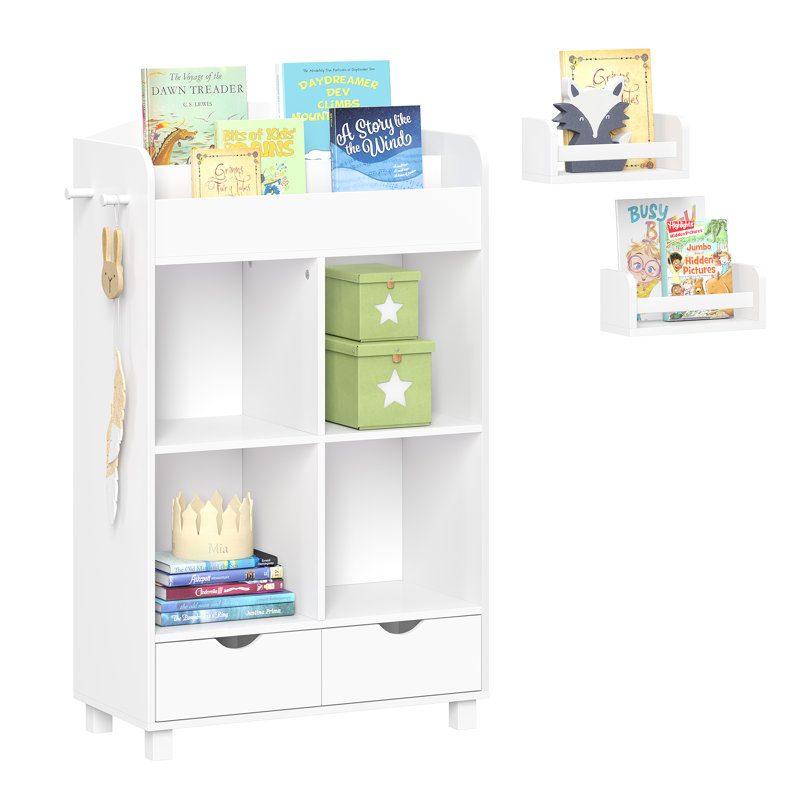 RiverRidge Kids Book Nook Cubby Toy and Art Storage Cabinet with Bookshelf, Drawers, and Hooks - White with 2 10" Floating Bookshelves