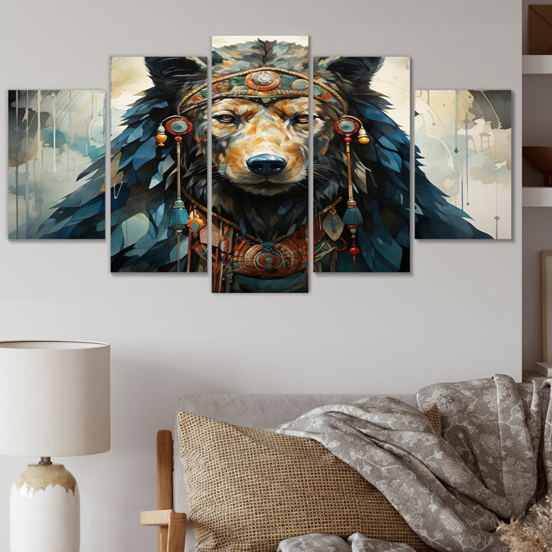 «Native Art Bear», art mural sur toile Native American - 5 panneaux