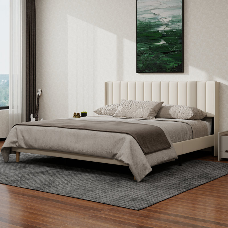 Upholstered Platform Bed Frame With Wingback, Beige, King