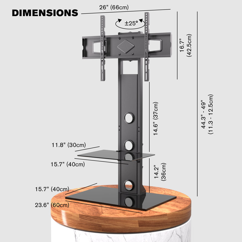 Black Metal Swivel TV Stand with Tempered Glass Shelves