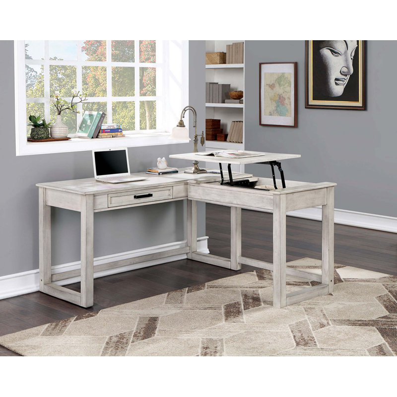 Bureau d'ordinateur transitionnel blanc antique, port USB avec plateau relevable et tiroir en queue d'aronde