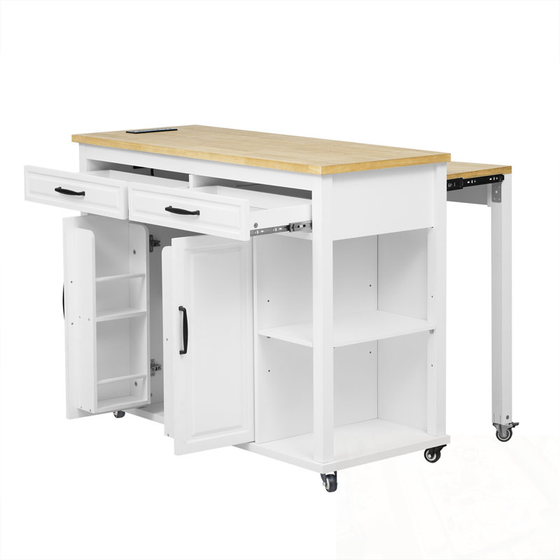 Kitchen Island with Storage Rack, Power Outlet, 2 Drawers and 2 Cabinet, White