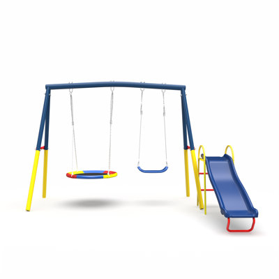 Mersco Outdoor Swing Set with Slide for Outside Swing Heavy Duty 440lbs Metal Outdoor Swing Stand, Contain 1 Saucer 32" & 1 Belt Seat 26.2" &Slide for Playground, Backyard Playset