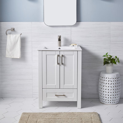 Meuble-lavabo simple 24 po à 2 portes et 1 tiroir moderne blanc avec plateau en céramique 24 po