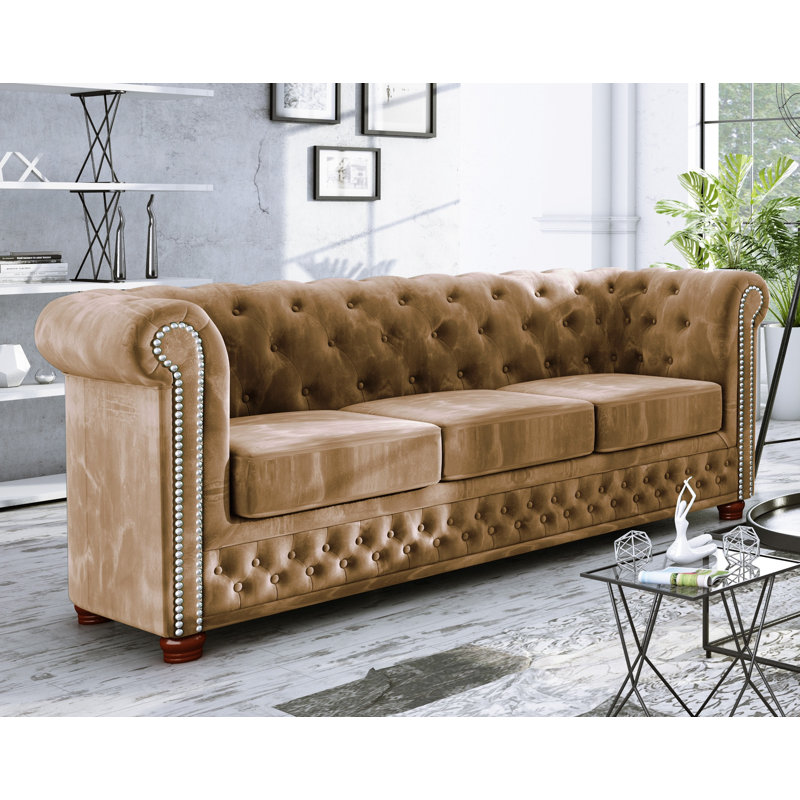 Chesterfield  Sofa 3 Seater Made of Velvet Fabric with Solid Wood Legs, Beige