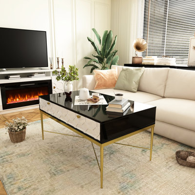 Table basse noire et blanche avec 2 tiroirs et conception unique, convenant à plusieurs endroits, glissières en métal, instructions d'assemblage transparentes modernes en blanc, télécommandes à gobelets, fabrication, imperméable