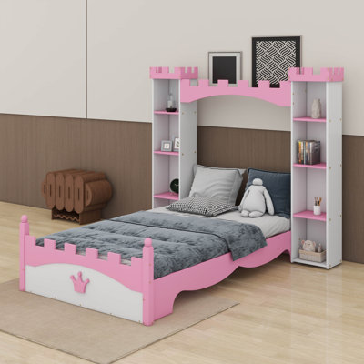 Twin Size Castle-Shaped Wooden Bed With Shelf