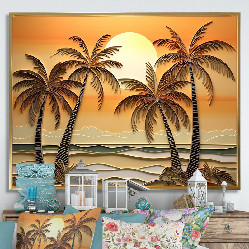 Golden Sunrise Palm Trees II, H 16 po x l 32 po x P 1 po, Cadre flottant doré