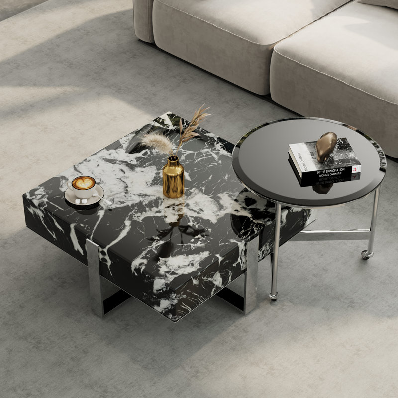 Table basse 31,8 pouces en faux marbre avec base polie, Noir, Argent argent