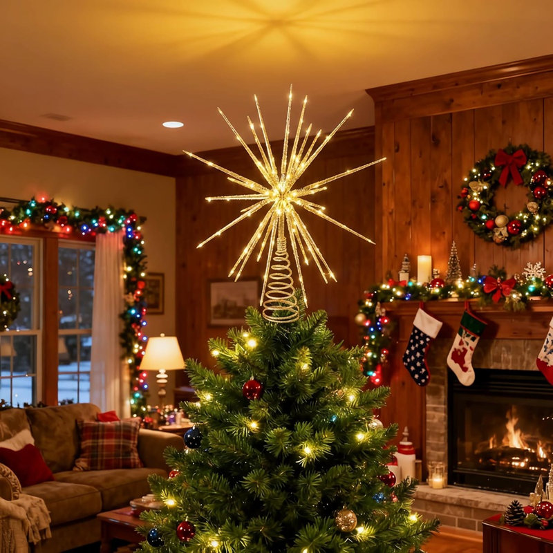 LED Starburst Christmas Tree Topper, Golden Lighted Star with 100 LEDs, Timer and Battery Power
