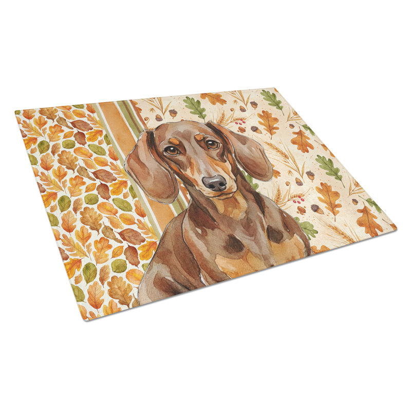 Chocolate and Tan Dachshund Heirloom Fall Glass Cutting Board
