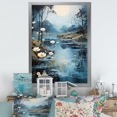 «Blue Moonlit River Blooms I», art mural rivière