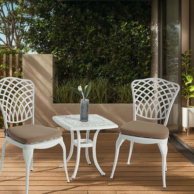 Bistro Set 3 Piece Rustproof Cast Aluminum Patio Furniture Sets 2 Chairs and 1 Round Table Outdoor, Garden, Patio,  Balcony, with cushion white