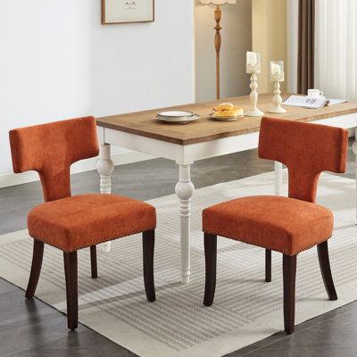 Chaise de salle à manger de style Mid-Century moderne pour 2 personnes, chaise rembourrée en tissu de lin orange avec clous courbés et cuivrés, structure en bois franc pour plus de stabilité, 2 chaises confortables en mousse. Décoration clous décoratifs.