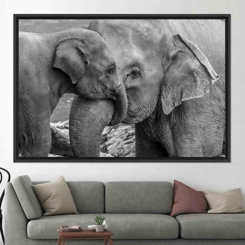 Décoration murale de style campagnard avec éléphanteau et maman pour bureau, H 41 po x l 94 po, Noir