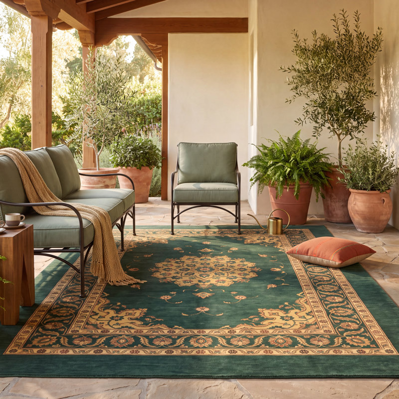 Tapis Cranleigh traditionnel à médaillon, style persan, or, vert, crème, ivoire, lavable à la machine, antidérapant, à poils courts, pour l'intérieur et l'extérieur, adapté aux animaux domestiques, idéal pour le salon, la chambre, la salle à manger, l'entrée, le couloir ou le bureau.