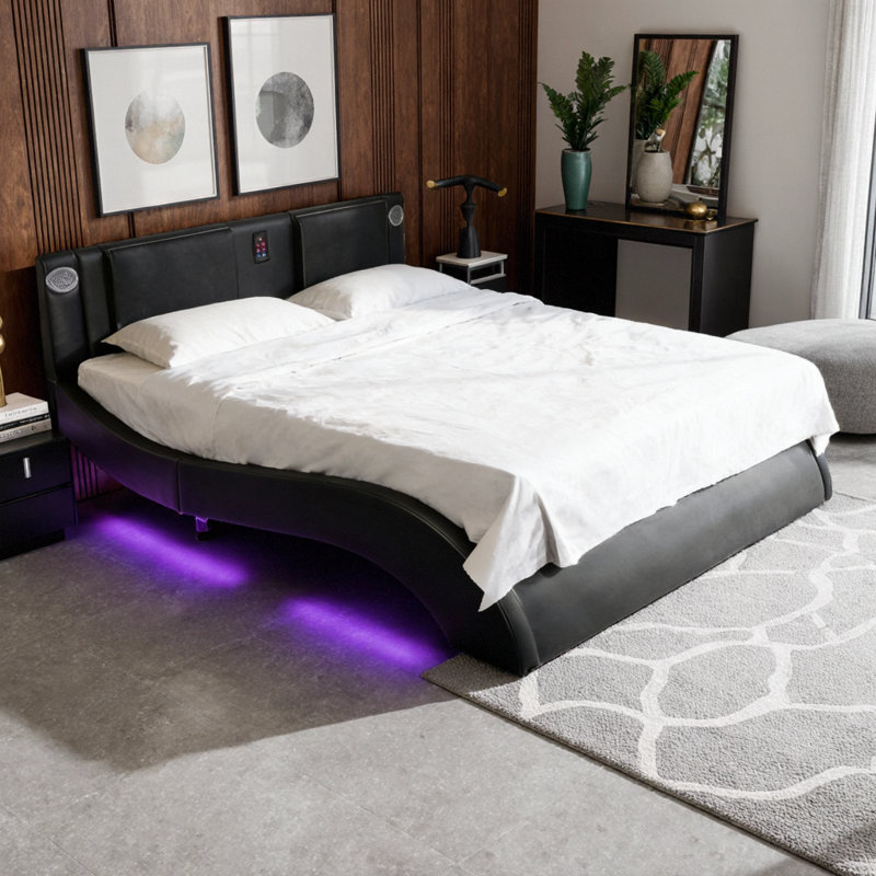 VARELON Modern Queen Platform Bed Frame with LED Headboard Lights, Bluetooth Speakers, Built-In Massage & USB Charging Ports