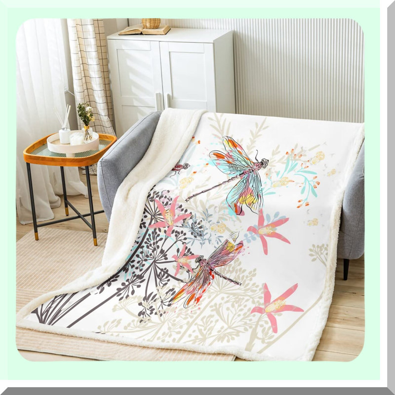 Dragonfly Dreams Sherpa Throw - Soft, Cozy, Fluffy Botanical Blanket for Adults
