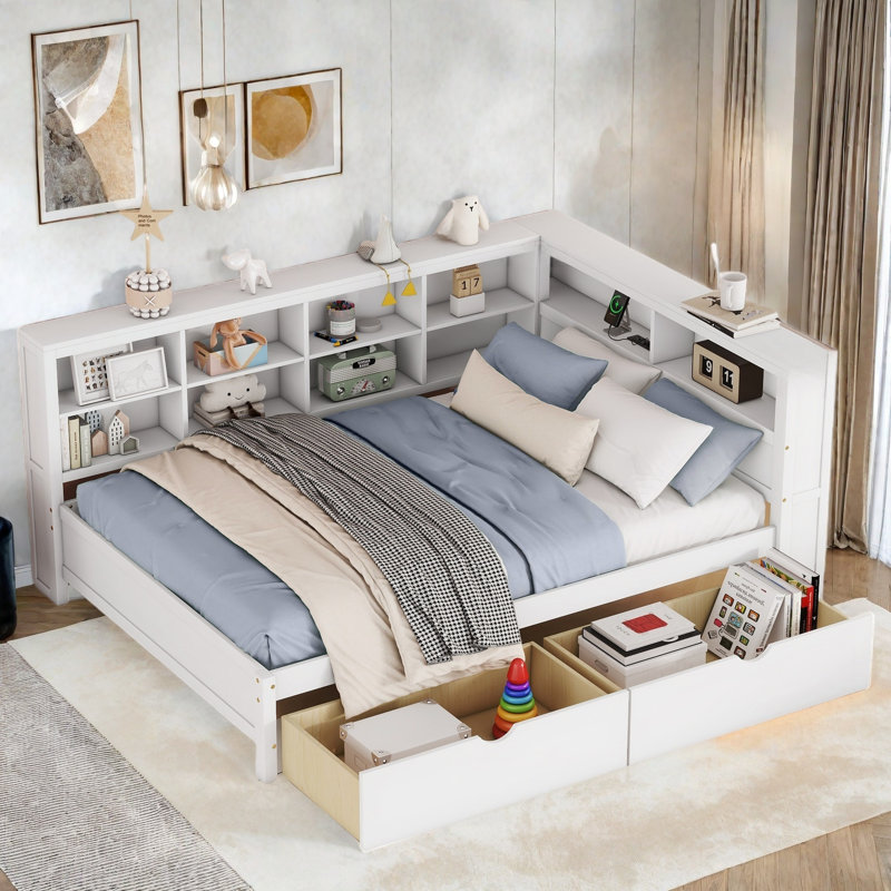 Wooden Daybed With 2 Drawers, Storage Shelf And Usb Charging Ports, White