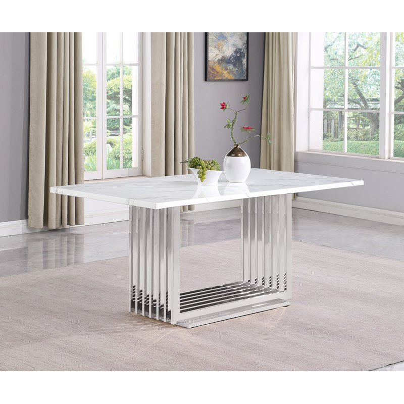 Table à manger en marbre blanc Keera, Argent argent, 30 po H x 68 po L x 38 po l
