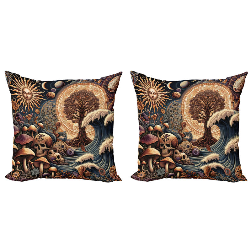 429990_Ambesonne Earthy Boho, housse de coussin, paquet de 2, bois gothique, vagues, soleil, H 16 po x l 16 po