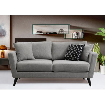 Stylish 2-Seat Sofa, Grey Fabric, 67.0 x 37.0 x 34.6 inches | Beech Wood & Chipboard Frame, 100% Polyester, Soft Foam Cushions | Portable Back Cushions (3 Pieces, 17.7 x 17.7 inches) | Modern Scandinavian Design, Easy Care