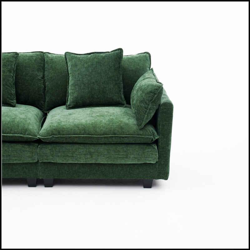 Canapé d'angle 3 places avec pouf pour petits espaces, canapé en L avec revêtement moelleux et design modulable, Green Fabric