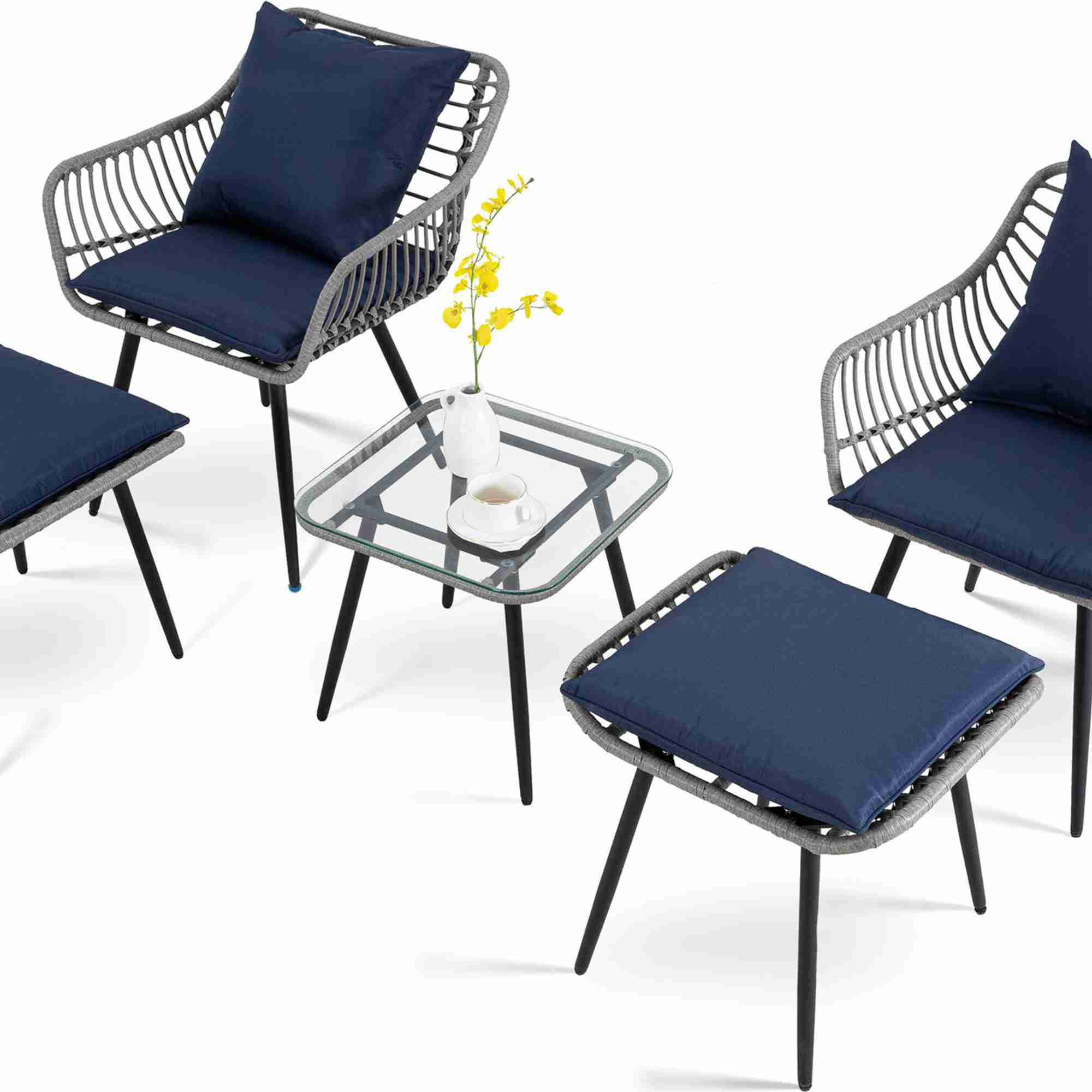Ebern Designs 5 Piece Patio Bistro Set with Ottoman, Outdoor Wicker