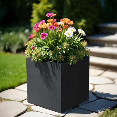 Concrete Effect Square Planter, Frostproof Reinforced Stone Outdoor Plant Pot, Garden Planter Box with Drainage Holes
