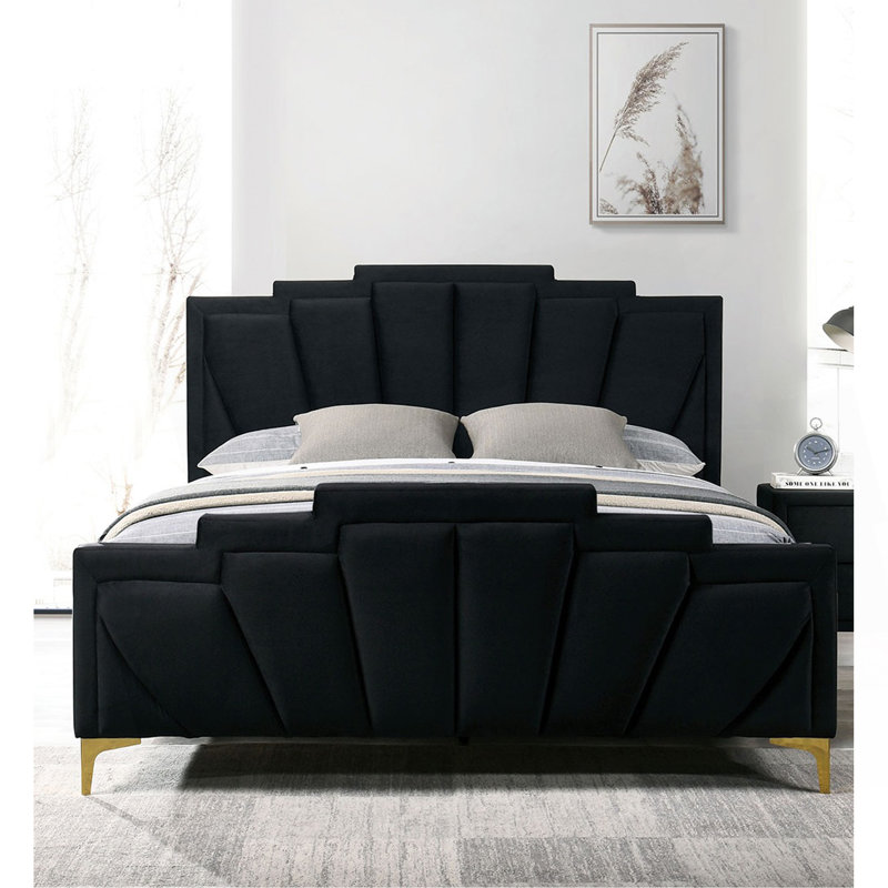 Structure de lit en flanelle Glam Classic, Noir / doré, Grand lit