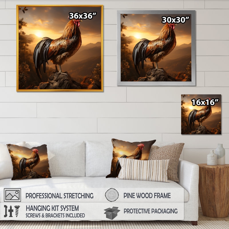 Poulet coq du crépuscule - Art mural animal, H 36 po x l 36 po x P 1,5 po, Cadre flottant noir