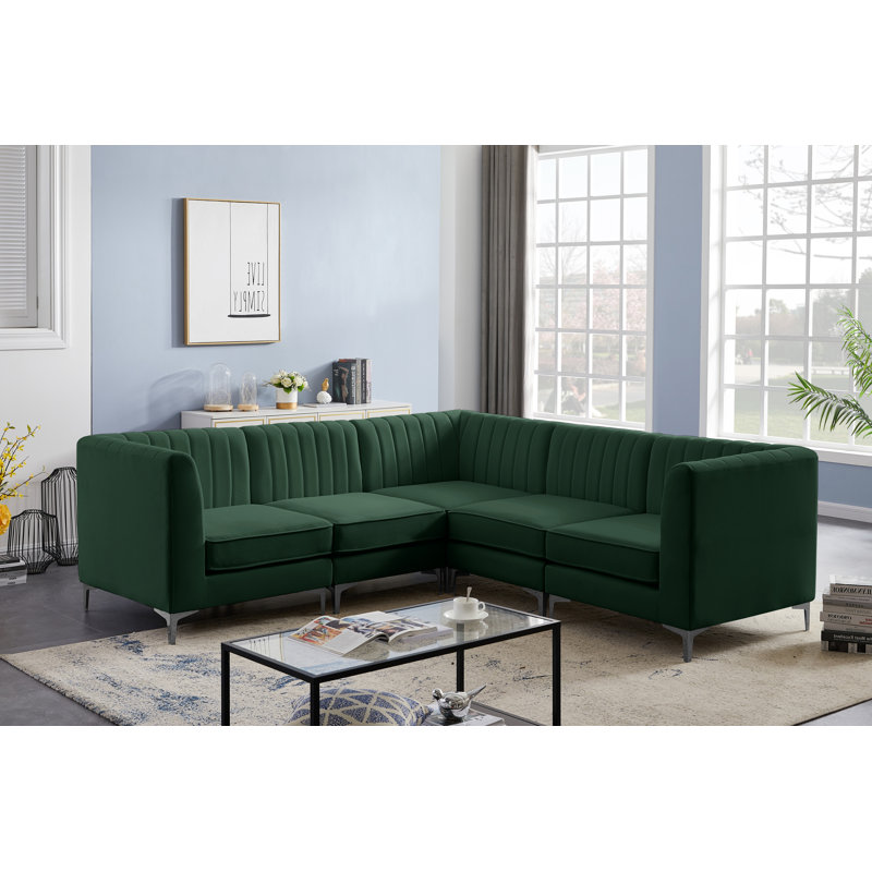 Enson 93" Wide Velvet Reversible Modular Corner Sectional, Green Velvet