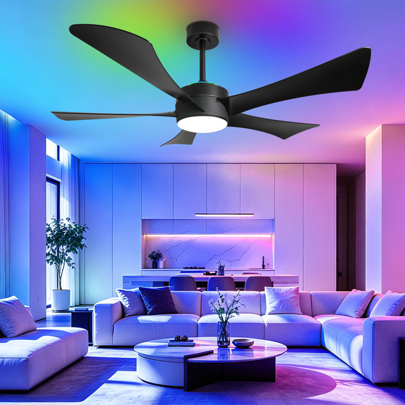 52" Modern Ceiling Fan with LED Light, RGB Color Changing, Remote & APP Control, White/Black, Black