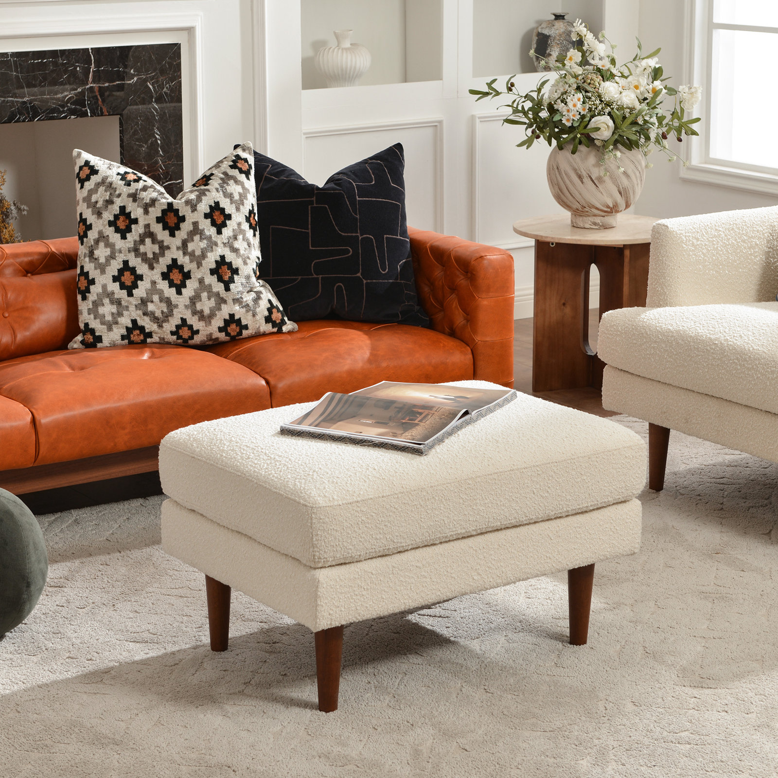 Miller Linen Ottoman, Cream, 19" H x 32" W x 23" D