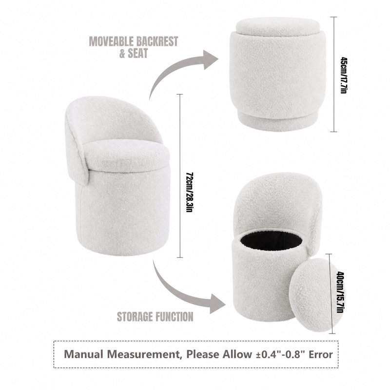 Tabouret de coiffeuse rembourré avec rangement et dossier pliable, repose-pieds cylindrique, tabouret d'appoint pour la chambre à coucher, le salon, la salle de maquillage, le vestiaire