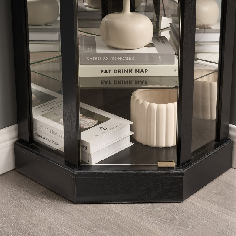 Vitrine de coin vitrée éclairée avec tablettes réglables, armoire à vin en cerisier sculpté, parfaite pour la maison ou le bureau - Noir