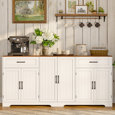 Buffet 71 po avec rangement, grande crédence Kittchen avec 2 tiroirs et 6 portes, armoire à café en bois moderne pour la salle à manger et le salon, blanc