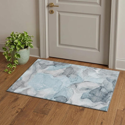 Tapis bleu sarcelle et gris abstrait lavable 3 pi x 5 pi avec protection UV