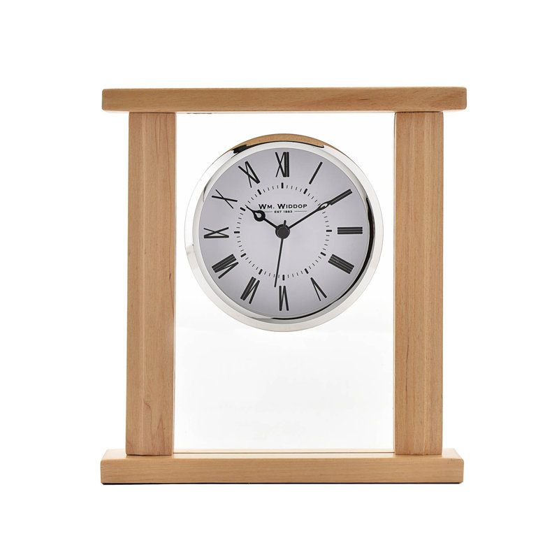 Roman Numeral Birch Solid Wood Quartz Movement / Crystal Tabletop Clock in Silver/Brown