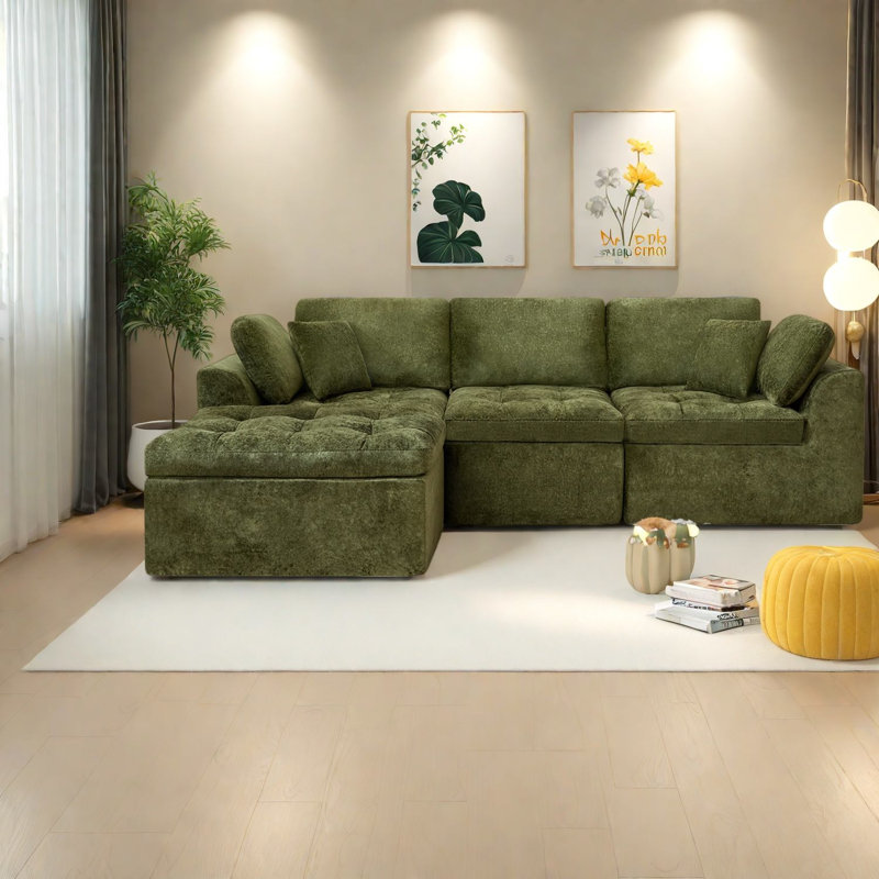 Spacious Green Chenille Sectionals, Modular L-shape Sofa For Home