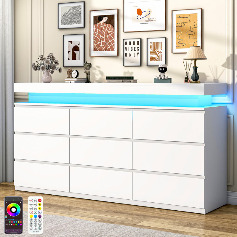 Commode de rangement moderne à 9 tiroirs avec éclairage à DEL, commode large pour l'organisation de la chambre à coucher, du salon et du vestibule