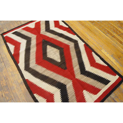 Grand tapis Navajo antique blanc et rouge à motif de losanges
