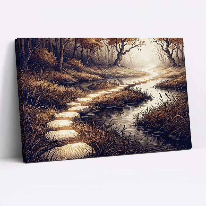 Art mural sur toile, "Stepping Stones Crossing Sepia Forest Stream", H 20 po x l 30 po