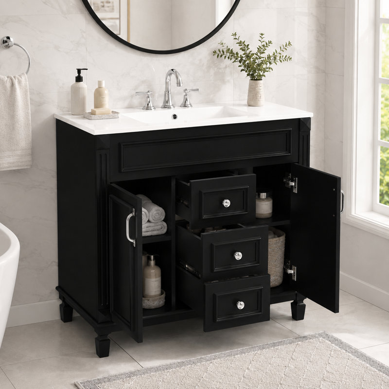 Meuble-lavabo moderne en bois avec lavabo en céramique, Noir