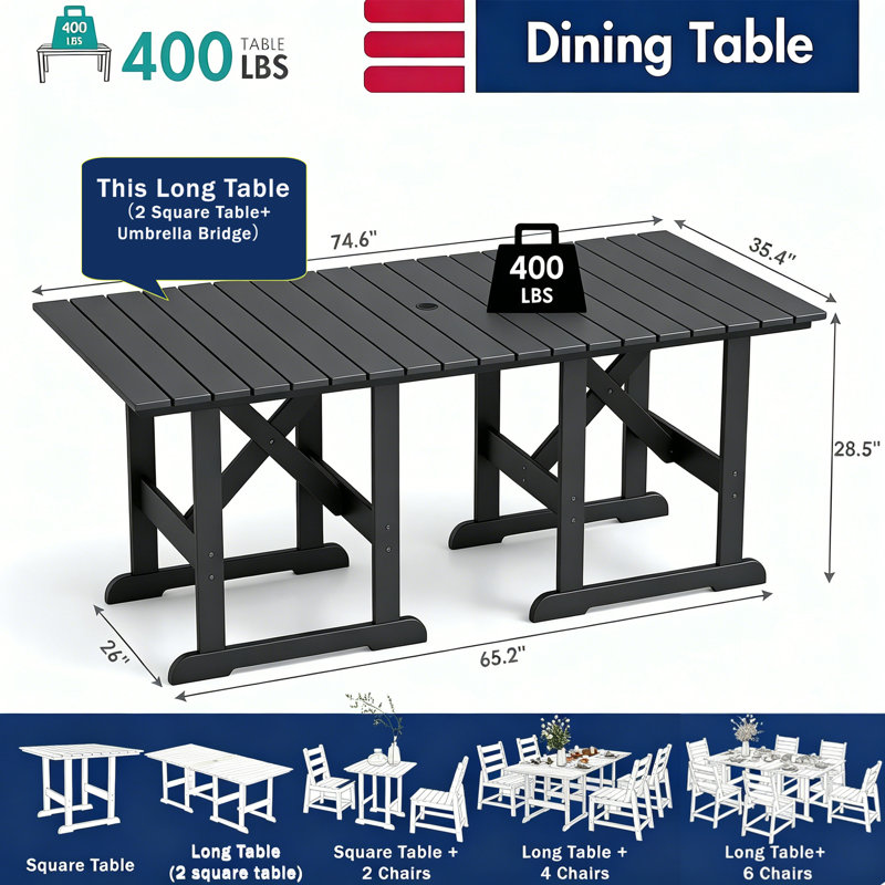 HDPE 2 Connectable Square Tables With Umbrella Hole Connector, Gray